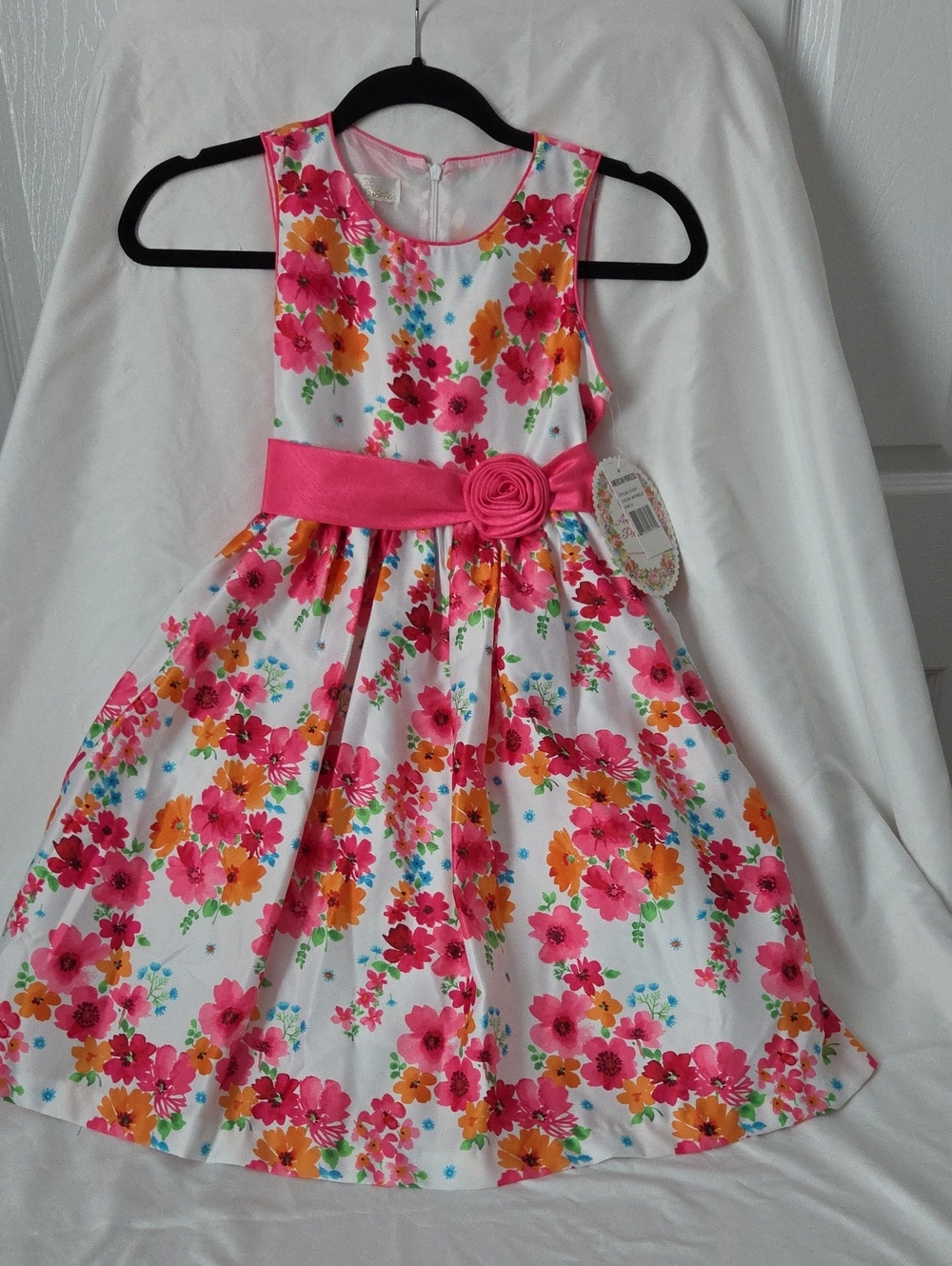 American Princess White Floral Party Dress with Pink Sash